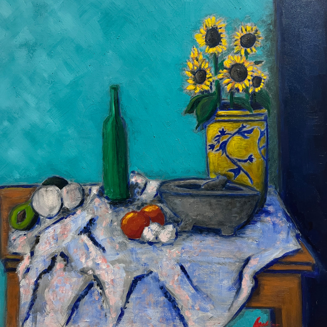Guerra, Esteban - Still Life with Molcajete, Vegetables and Sunflowers in Talavera Vase